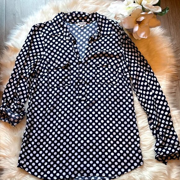 Splendid top M White Blue Polka Dot Long Sleeve Blouse ST1206RT - Picture 1 of 5